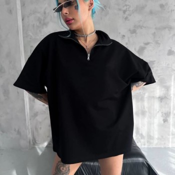 Kadın Yarım Fermuarlı Tişört Kısa kol T-Shirt - Siyah